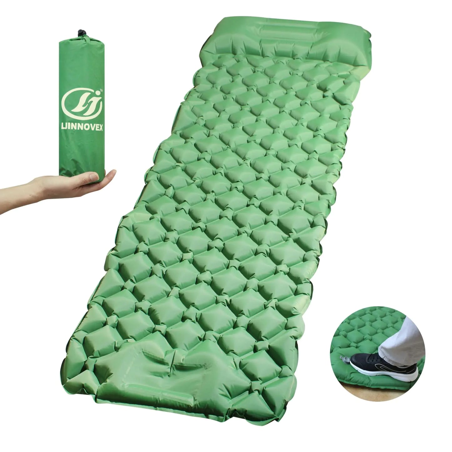 LJINNOVEX Self Inflating Sleeping Pad for Camping Ultralight Backpacking Sleeping Mat with Built-in Foot Pump and Pillow Lightweight Camping Air Mattress Ideal for Travel Hiking and Tents(Green)