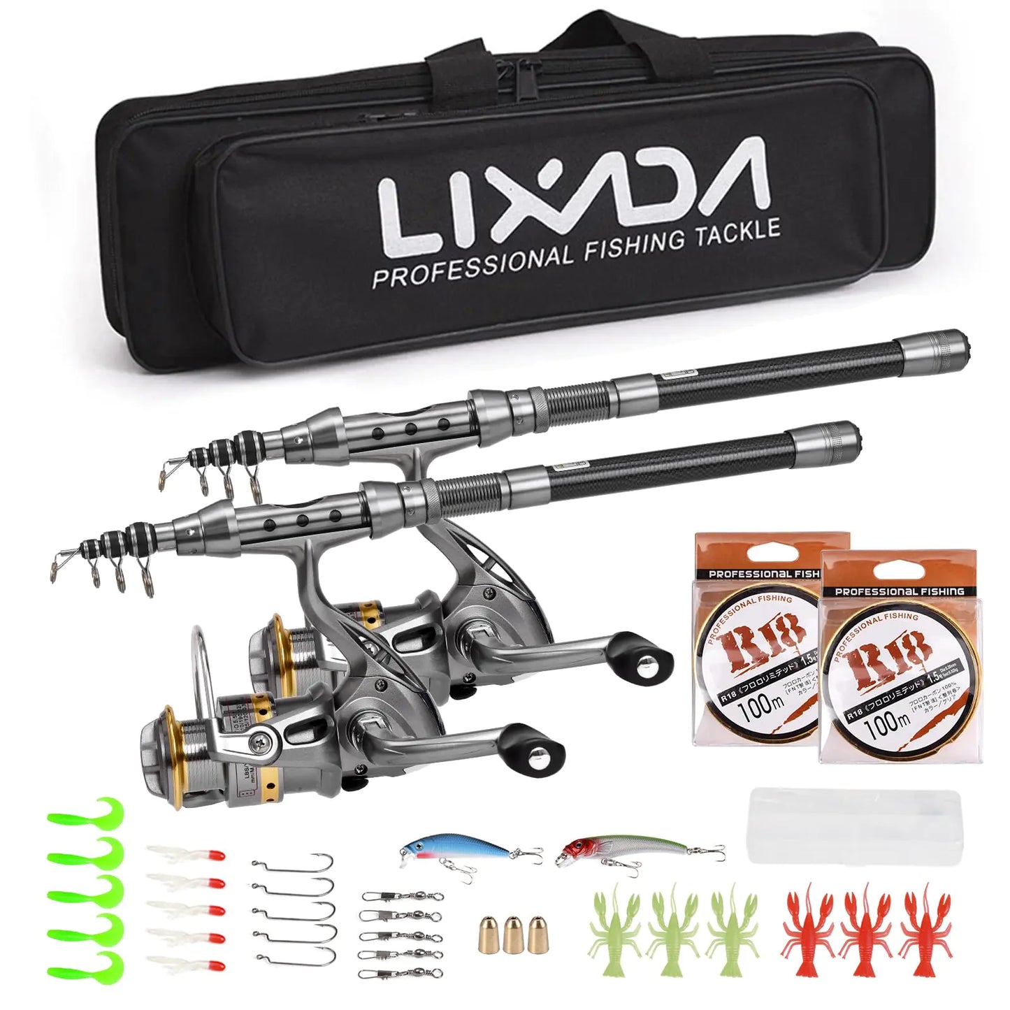 Lixada 2PCS Fishing Pole Combo Set 1.5/1.8/2.1/2.4m Rod Reel Telescopic Fishing Rod Carbon Fiber Spinning Reels Fishing Set with Hooks Soft Lures Barrel Swivels Storage Bag