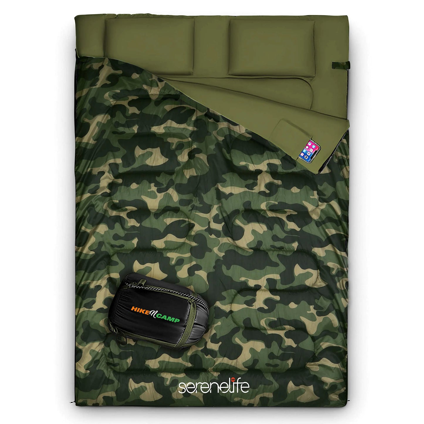 SereneLife Backpacking Sleeping Bag Camping Gear - Double Sleeping Bag for Adults/Teens w/ 2 Pillows Bag - Outdoor Lightweight Weather Proof Sleeping Bags - Camping Hiking - SLSBCA (Camouflage)