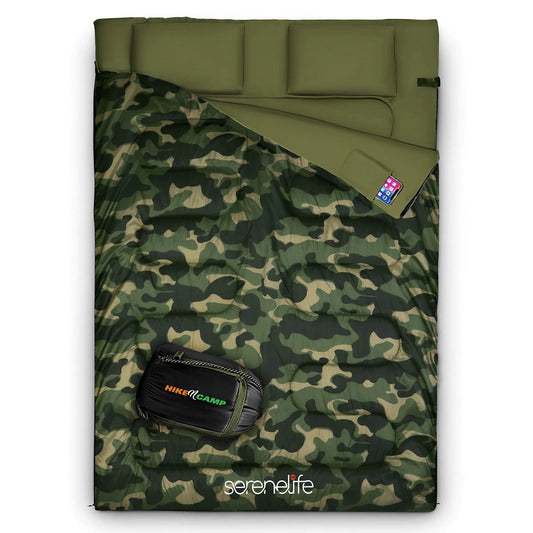 SereneLife Backpacking Sleeping Bag Camping Gear - Double Sleeping Bag for Adults/Teens w/ 2 Pillows Bag - Outdoor Lightweight Weather Proof Sleeping Bags - Camping Hiking - SLSBCA (Camouflage)