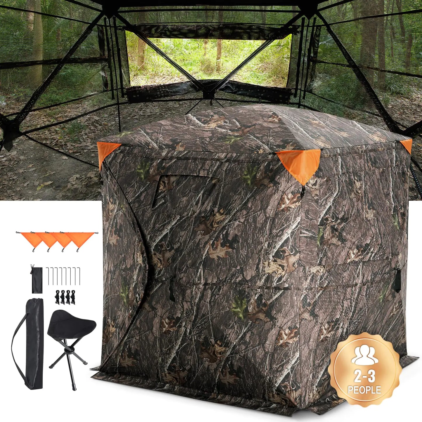 VEVOR Hunting Blind 270° See Through Ground Blind 2-3 Person Pop Up Deer Blind for Hunting with Carrying Bag Portable Resilient Hunting Tent One-Way See-Through Mesh for Turkey and Deer Hunting