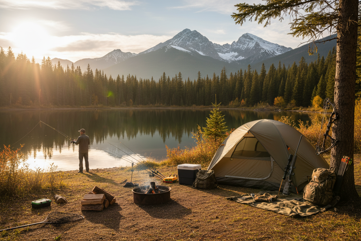 Outdoor hunting, fishing, and camping scene